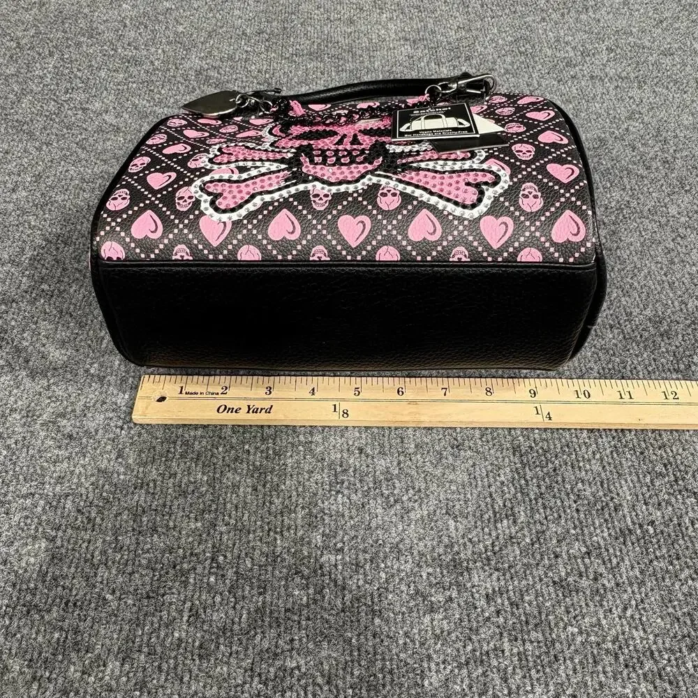 Ed Hardy Satchel Bag Womens Black Pink Skull Hearts Rhinestone Vegan NWT Rock